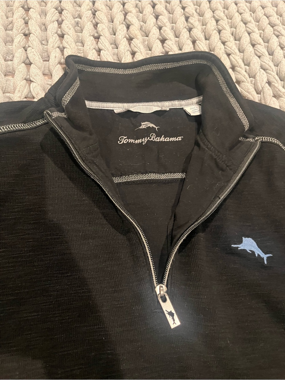 Tommy Bahama Black Quarter-Zip Pullover with Light Blue Marlin Logo